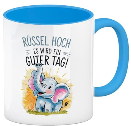 Fröhlicher Cartoon Elefant Rüssel hoch Kaffeebecher in hellblau Lustige Tasse für Büro und Zuhause mit buntem Spruch