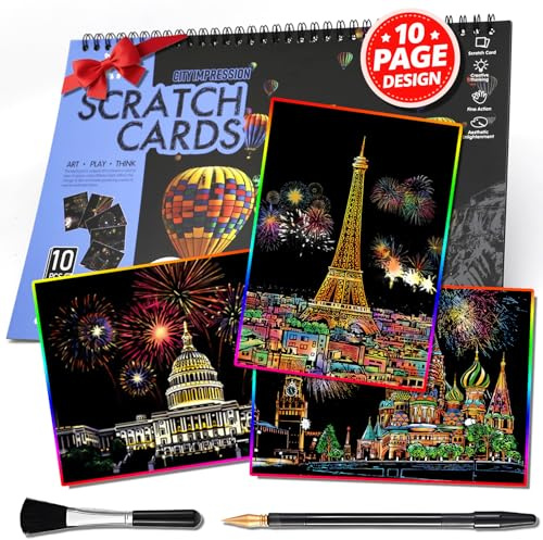 Kratzkunst für Erwachsene und Jugendliche, 10-seitiges A4-Format, buntes Stadtdenkmal-Buch
