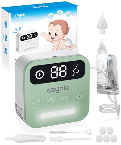 eSynic Aspiratore Nasale Elettrico per Neonati, 9 Livelli di Aspirazione Regolabili, LCD Aspira Moccio 15ml per Bambini Ricaricabile Type-C con Cassetto e Luce, 2 Becchi in Silicone Lavabile - Verde