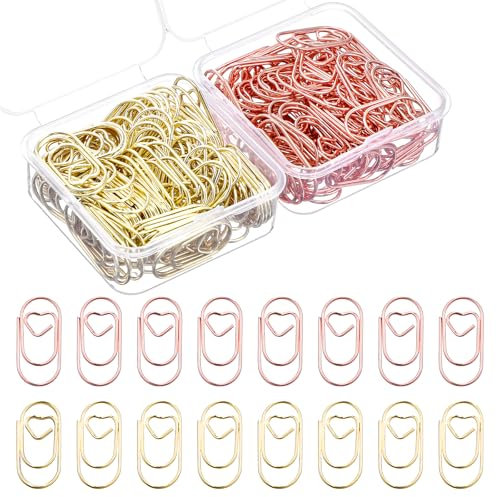 simarro 160 Stück Gold Herz Büroklammern Set, Klein Büroklammer Motiv mit Transparentbox, Oval Paper Clips Metall Lesezeichen Herz Gold für Büro Klassenzimmer Aktenklammer (Gold und Roségold)
