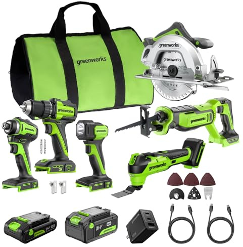 Greenworks 24V Akku Werkzeug Set 6-teilig Bohrschrauber, Schlagschrauber, Handkreissäge, Säbelsäge, Multitool & LED Lampe, 4,0Ah + 2,0Ah Akku (Powerbank), 65W Schnellladegerät