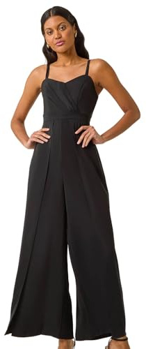 Roman Originals Floral Print Pleat Detail Bardot Jumpsuit for Women UK - Ladies Everyday Autumn Winter Comfy Soft Evening Vacation Work Party Night Out - Black - Size 18