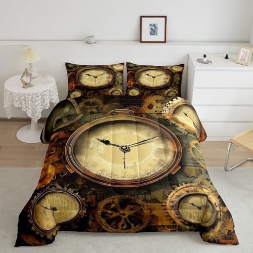 Bettwäsche 135x200 Vintage-Uhr Bettbezug Set Weich Mikrofaser Bettwäsche-Sets Industriegetriebe Bettwäsche Set 3 Teilig 3D Druck Bettbezüge mit Reißverschluss und 2 Kissenbezüge D-2660