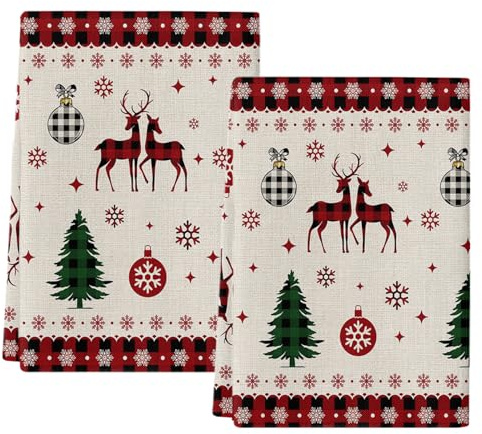 peiyeety Weihnachtliche Geschirrtücher mit Rentier- und Weihnachtsmotiven, kariert, saugfähig, Schneeflocken- und Glockenmuster, 2er-Set