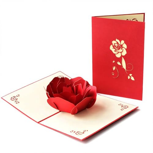 EUYKQNOI Carte pop-up Cartes de vœux rose rouge - Mignonne carte Noël 3D pour femmes (épouse, maman, mamie), Carte de voeux d'amour pour anniversaire de mariage, Carte-cadeau Je t'aime pour cheri