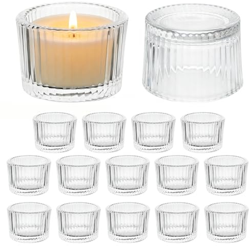 ASSRECT 16 Stück Klare Teelichthalter Glas, 5cm x 3.5cm Mini Kerzenhalter Mit Vintage-Streifen, Transparente Teelichtgläser Für Tischdekoration, Hochzeitsdeko, Party Und Wohndekoration