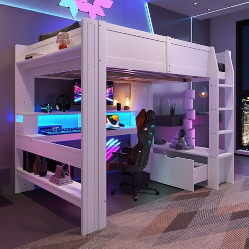 YCYDHDM Hochbett Kinderbett 140x200 cm mit Schubladen und Schreibtisch, Etagenbett mit Regale und Rausfallschutz, Lattenrost, Bettgestell aus Kiefernholz, Bett für Kinder und Jugendliche, Weiß