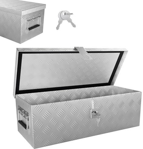 Froadp Aluminium Kiste mit Deckel, 600x260x200 mm Alubox Werkzeugkiste abschließbar, wasserdichte Alu Transportbox für Werkzeuge, Camping & Aufbewahrung (Silber)