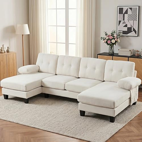 Atenza U-förmiges 4-Sitzer Sofa, Wohnlandschaft U-Form aus Chenille, Ecksofa mit Seitentaschen & Knopfheftung, Couch mit Holzrahmen & 12cm Beinhöhe, 268 x 128 x 84 cm