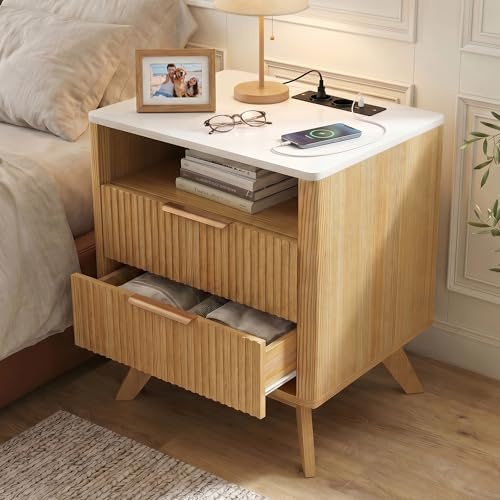 Hawthyhome Eiche Nachttische mit Ladestation 2 AC, USB, Type-C, Nachtschrank mit 2 Schubladen, Moderner Beistelltisch für Schlafzimmer, 46x46x61 cm