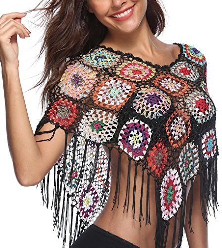 Oyedens Damen Sexy Hippie & Boho Quasten unregelmäßig Häkel Poncho Cape Überwurf Top Umhang - Tassels Poncho (Schwarz)