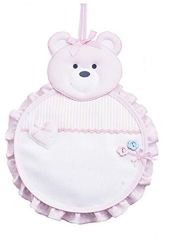 FILET - Fiocco Nascita in Cotone a Forma di Orsetto, con Tela Aida da Ricamare, Coccarda Fuoriporta Ideale da Appendere per Annunciare la Nascita di una Bimba, Made in Italy, Colore Rosa