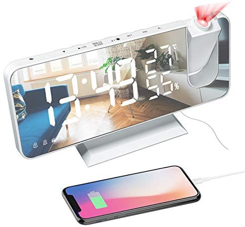 Projection Alarm Clock, LED Digital Alarm Clock Bedside Mains Powered with FM Radio Function, USB Charging Port, 4-Level Brightness, 2 Alarm Clock Snooze Mirror Design Temperature and Humidity Display