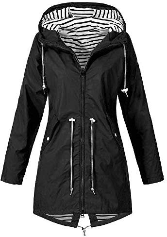 iHENGH Damen Frühling Herbst Mantel bequem Solide Regenjacke Outdoor Jacken mit Kapuze Regenmantel Winddicht Parka Coat