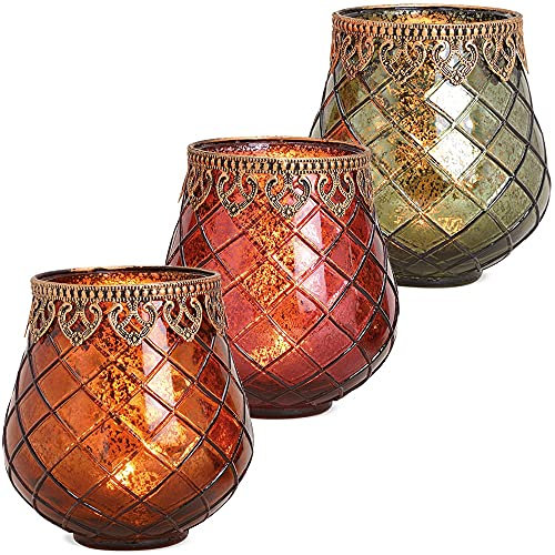 matches21 Windlichter Teelichtgläser Kerzengläser Orient Antiklook Glas Metall Ornamente 3er braun pink grün sort Ø 13x14 cm