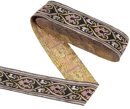 FINGERINSPIRE 7m 34,5mm Vintage Jacquardband Schwarz Jacquard Band Gold Weiß Besticktes Jacquardband mit Herz Muster, Ethno Jacquardband Blumenband für DIY für Kleidung Embellishment