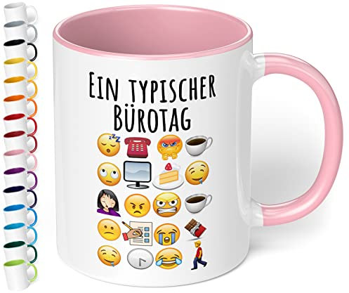 Lustige Büro Tasse Ein typischer Bürotag - lustige Kaffee-Tasse mit Spruch Emoticon Kaffeebecher, Geschenk für Mitarbeiter Kollegen Büro Arbeit Homeoffice Geburtstag Weihnachten (Rosa)