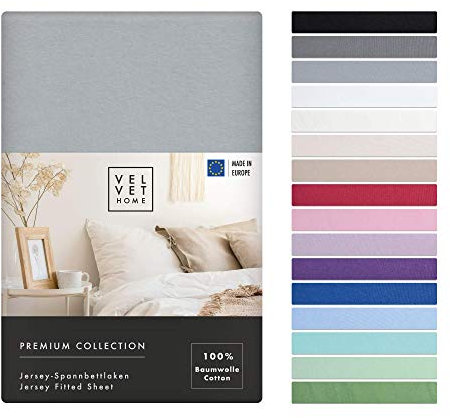VelvetHome Spannbettlaken 200x220cm 100% gekämmte Baumwolle Made in EU Jersey Bettlaken 200x220 bis 25 cm Matratzenhöhe Spannbetttuch 200x220 Premium Qualität Schönen Farben Hell-grau 200 x 220