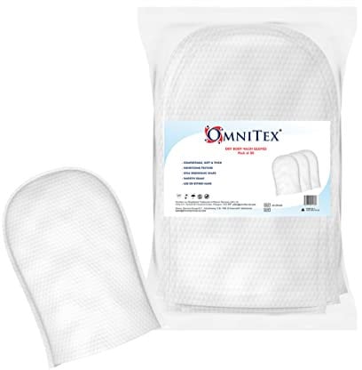50x Omnitex Disposable Dry Body Cleansing Wash Gloves | Soft & Thick | Curved Ergonomic Design | Use with Body Wash or Water to Clean & Exfoliate | Incontinence, Bed Bath or Outdoors | 1x 50pk