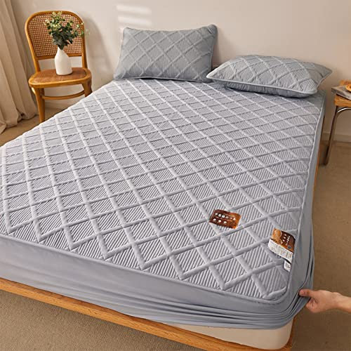 YUDEYU Gesteppte Schicht Spannbettuch Roher Baumwollstoff Tagesdecke Matratzenschoner Enthält pflanzliche Ballaststoffe gut zum schlafen Spann bettlaken Lakens(Dark Grey,90x200 cm+30cm)