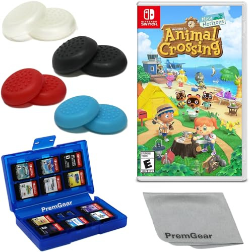 Animal Crossing: New Horizons – Nintendo Switch con PremGear 4 diversi colori Thumb Grips (confezione da 8), 24 slot porta carte da gioco e panno di pulizia