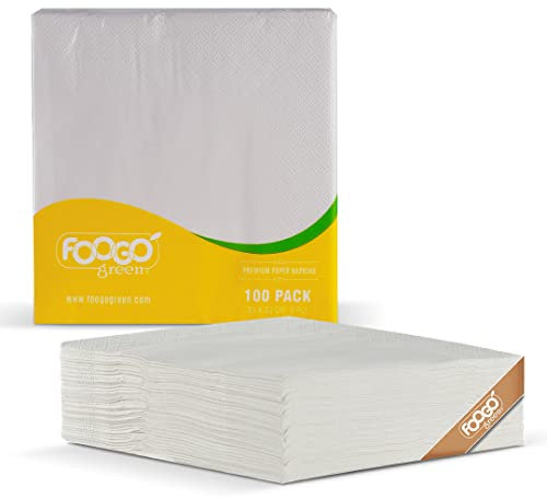 FOOGO Green 100 Stück Elegante Weiß Papierservietten, FSC®-Zertifiziert, 33 x 33 cm, 2-lagig – Stabile und Weiche Papierservietten – Vollständig kompostierbar – Ideal für Party & Cocktail