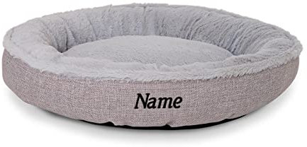 lionto Hundekörbchen rund in Donut-Form, Ø 55 cm, Heimtierkissen für Hunde & Katzen mit waschbarem Bezug & Anti-Rutsch-Noppen, kuscheliges Hundebett aus Oxford-Leinen & Plüsch, grau (Namensaufdruck)
