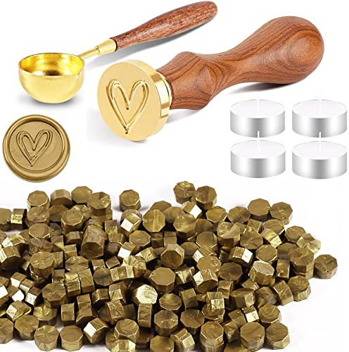 Foonii 200 Stück Siegelwachs Perlen Set Wachssiegel Stempel mit 1 Siegelstempel, 1 Schmelzlöffel, 4 Teelichte | Siegellack Perlen Set für Umschlag/Einladungen/Karten/Geschenk (Herz,Dunkelgold)