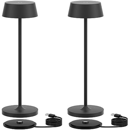 Klighten 2 Stück Dimmbare Tischlampe Kabellos Touch Control Led Metall Aluminium Tischlampe Akku,Warmweiß Outdoor Tischlampe wasserdicht für Haus Garten Esstisch Schlafzimmer Balkon Hotel,Schwarz