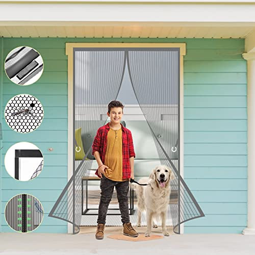 Magnetic Fly Screen Door 150 x 200 cm, Keep Insects Out Mosquito Door Screen, Full Frame Magic Tape for Patio Door, Sliding Door, Double Door, French Door, Grey