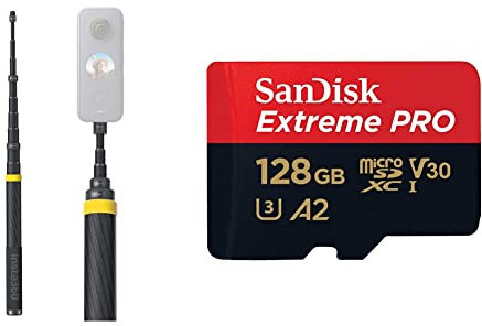 Insta360 Bastone per selfie in edizione estesa da 3 m per fotocamera ONE X2, ONE R, ONE X & SanDisk 128 GB Extreme PRO scheda microSDXC + adattatore SD + RescuePRO Deluxe, fino a 200 MB/s