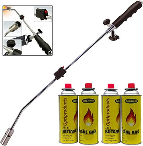 OptiProducts Garden Weed Burner with Auto Ignition Butane Weed Gas Wand Blowtorch Garden Torch Weeds Killer Burner with 4 Canisters