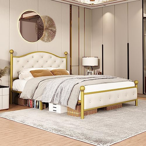 MQLAE Stilvolles Metallbett 140x200 cm mit Lattenrost und Kopfteil, Modernes Doppelbett in Gold, Bettrahmen für Schlafzimmer und Gästezimmer, Jugendbett Gästebett Einzelbett
