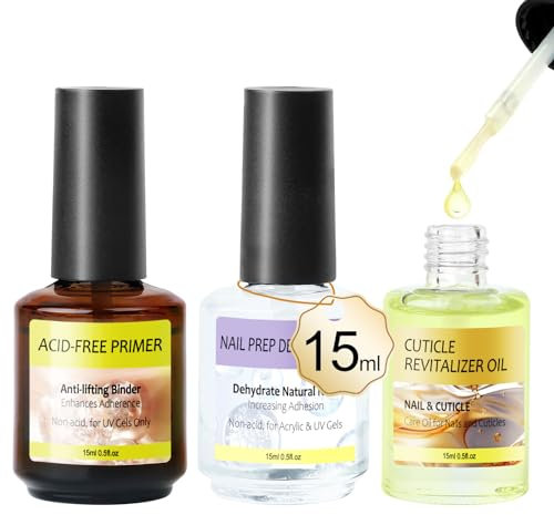 AISEELY 3x15 ML Deshidratador para Uñas y Primer Uñas Semipermanente y Aceite Cuticulas Uñas, Mejorar la Adhesión del Gel, Deshidratador Nail Prep y Acid Free Primer, Kit de Preparación de Uñas