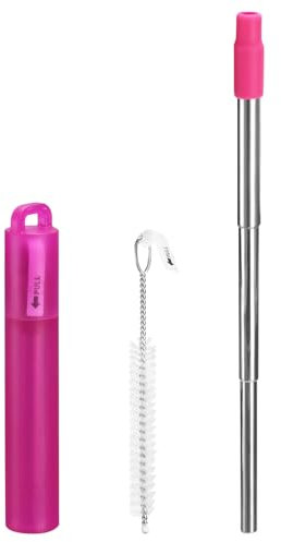 sourcing map 1 Ensemble Réutilisable Métal Pailles, 3.7-8.3 Portable Télescopique Inox Acier Boire Paille Silicone Buse pour Boire Boisson, avec Étui et Nettoyage Brosse (Fuchsia)