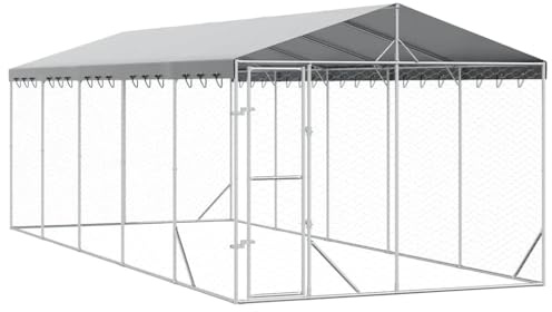 vidaXL Outdoor Hundezwinger, Hundehütte mit Dach, Hundekäfig für den Außenbereich, Hühnerstall Hundezaun Hundeauslauf, Silbern Verzinkter Stahl