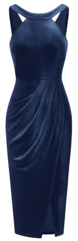 GRACE KARIN Damen Bleistift Kleid Samt Kleider Damen Festlich Abendkleider Dunkelblau M