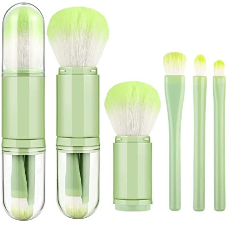 Lot de pinceaux de maquillage rétractables 4 en 1 avec support, pinceaux de maquillage portables pour poudre, fard à paupières, petits pinceaux cosmétiques de voyage multifonctionnels (vert)