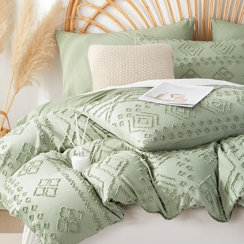 Freyamy Getuftet Bettwäsche 200x220 Vintage,Böhmen Bettwäsche sets 2tlg,Chic Geometrische Wendebettwäsche,Bohemien Wende Bettwäsche Microfaser Bettbezüge + 1 Kissenbezug 80x80 mit Reißverschlüsse,Grün