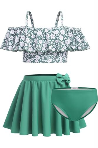 Arshiner 3 Stück Mädchen Bikini Sets Blumen Badeanzug Verstellbare Bikini Oberteil mit Triangel Bikinirock Und Badeshorts Sommer Strand Bademode Badebekleidung Grüne Blumen 120
