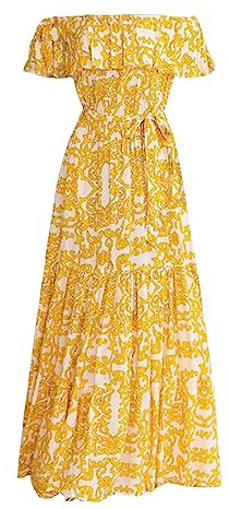 AMDOLE Pulloverkleid für Damen, knielang, bedruckt, plissiert, Ballkleid, gelb, L