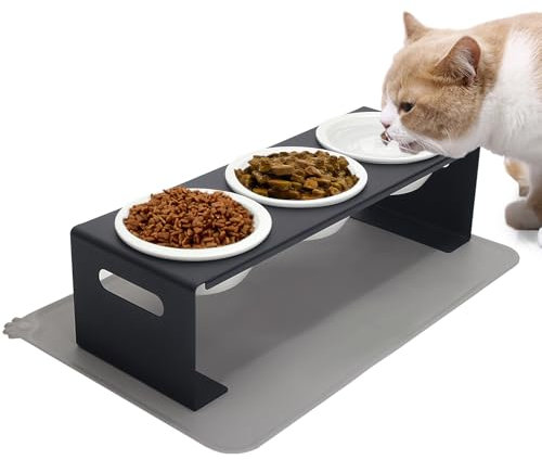 Futterstation Erhöht 3er Set, katzennapf erhöht, 3er Set Futternapf Katze aus Keramik mit Metall Ständer, 3er Katzen Napfset für Katzen Hunde Welpe Futter und Wasser