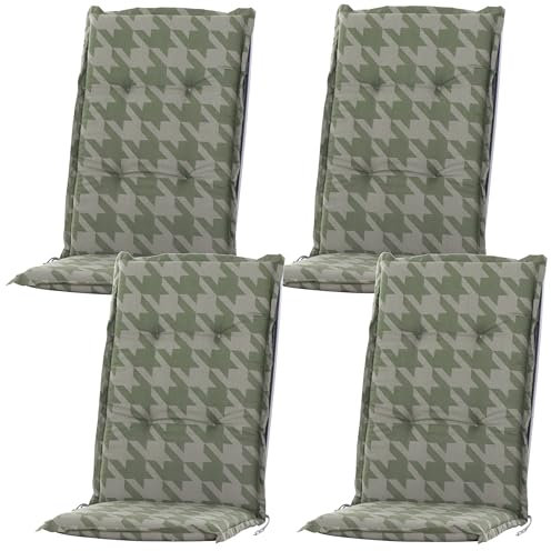 BURI 4X Auflagen Set Hochlehner für Gartenstühle 120x48x7cm Sesselauflagen Polster UV Lichtecht - Gartenstuhlauflagen Kariert Muster Stuhlkissen mit Dicker Schaumstoff Füllung (Grün)