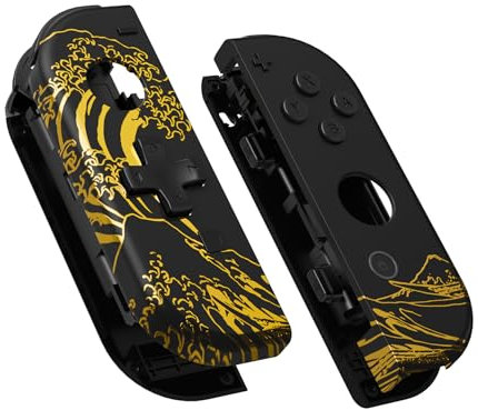 eXtremeRate The Great GOLDEN Wave Off Kanagawa - Black Joycon Handheld Controller Housing (D-Pad Version) w/Full Buttons, Replacement Shell Case for Nintendo Switch & Oled Joy-Con – Console Without
