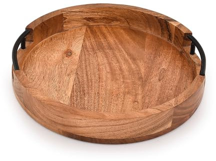 Mahasu Tray Acacia Wood Round Serving Tray with Iron Handles for Coffee Table Decor Centerpiece Kitchen Counter (12 X 12 X 1.6)