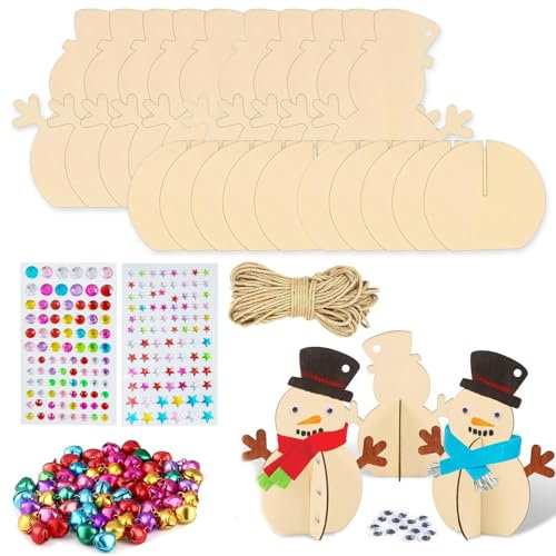 Xiujuers 10 Stück Schneemann Holz Bastelset, DIY Bastelset Weihnachten Kinder, Schneemann aus Holz Weihnachtsdekoration, Schneemann Bausatz, Weihnachtsdeko Bastelset, Kinder Weihnachts Idee Geschenke
