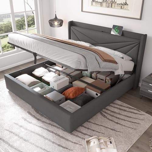 Ymkua Polsterbett Doppelbett 180x200 cm, Bett mit Stauraum und Lattenrost, Stauraumbett mit USB Typ C-Port Kopfteil, Jugendbett Hydraulisch Bettgestell mit Bettkasten, Leinen, Grau, Ohne Matratze