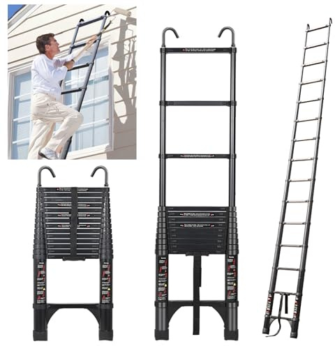 JADDUO Telescopic Ladder, 4.4 m, Aluminium Folding Ladder with Hooks, Folding Step Boards, Aluminium Multi-Purpose Ladder, 150 kg Load Capacity, Step Spacing 30 cm, Black