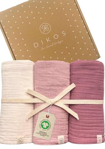 DIKOS® Baby Mulltücher 3er Premium Set – 64x64cm – weiche & saugstarke Spucktücher aus Bio-Baumwolle (GOTS, Oeko-TEX) – Musselintücher in Creme, Altrosa & Beere – Geschenk für Baby Mädchen zur Geburt