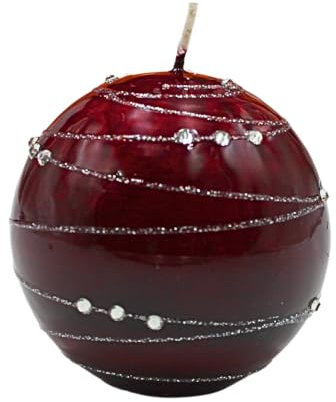 Noble vela esférica, vela de mesa, vela decorativa, vela de cera con diseño de piedras preciosas, vela decorativa como bola de 8 cm, tira plateada, en burdeos.